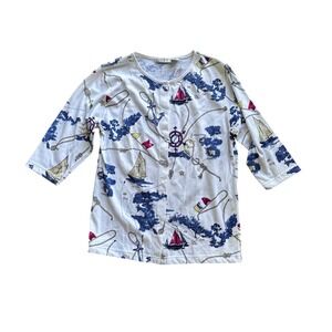 Kenneth Too! Nautical Map Sailboat Snap Front Cardigan Top‎ White Blue S Vtg
